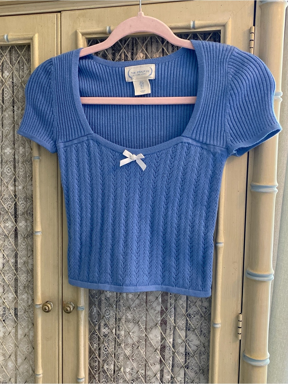 Blue Ribbed Short Sleeve Knit Top